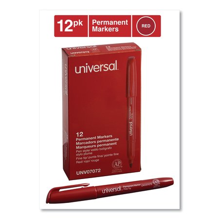 Universal Pen-Style Permanent Marker, Fine Bullet Tip, Red, PK12 UNV07072